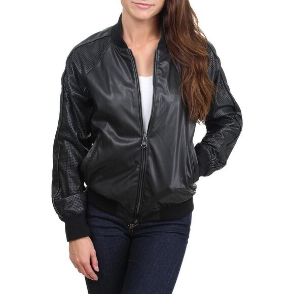 NWT Nanette Lepore Black Faux Leather Bomber Jacket - Medium - Picture 1 of 14